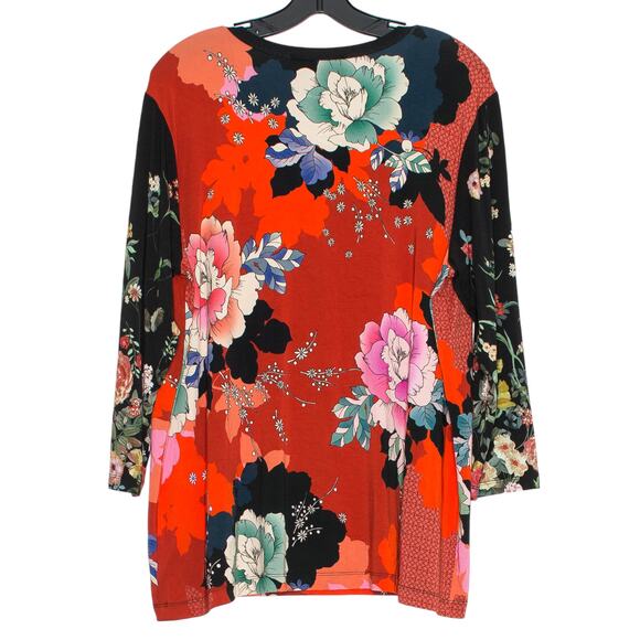Johnny Was Top 3/4 Sleeve Floral Henley Boho Cottage Maximalist Red Black Large - Picture 2 of 7